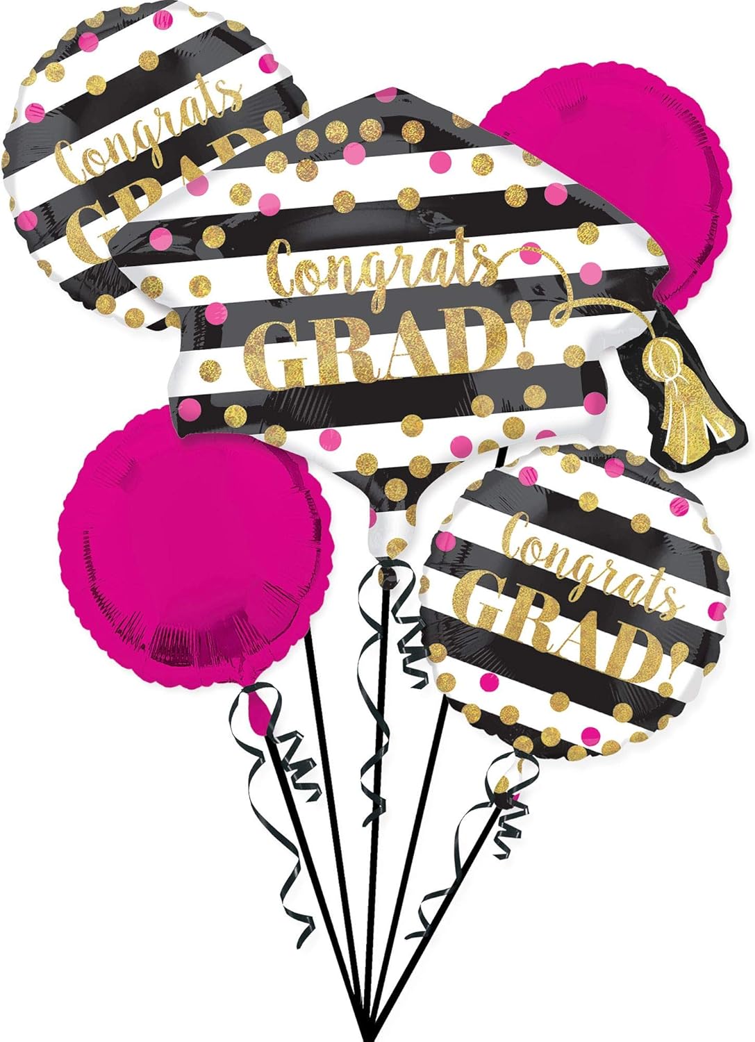 Gold Confetti Happy Graduation Balloon Bouquet - Gold & Magenta, 6 Pieces